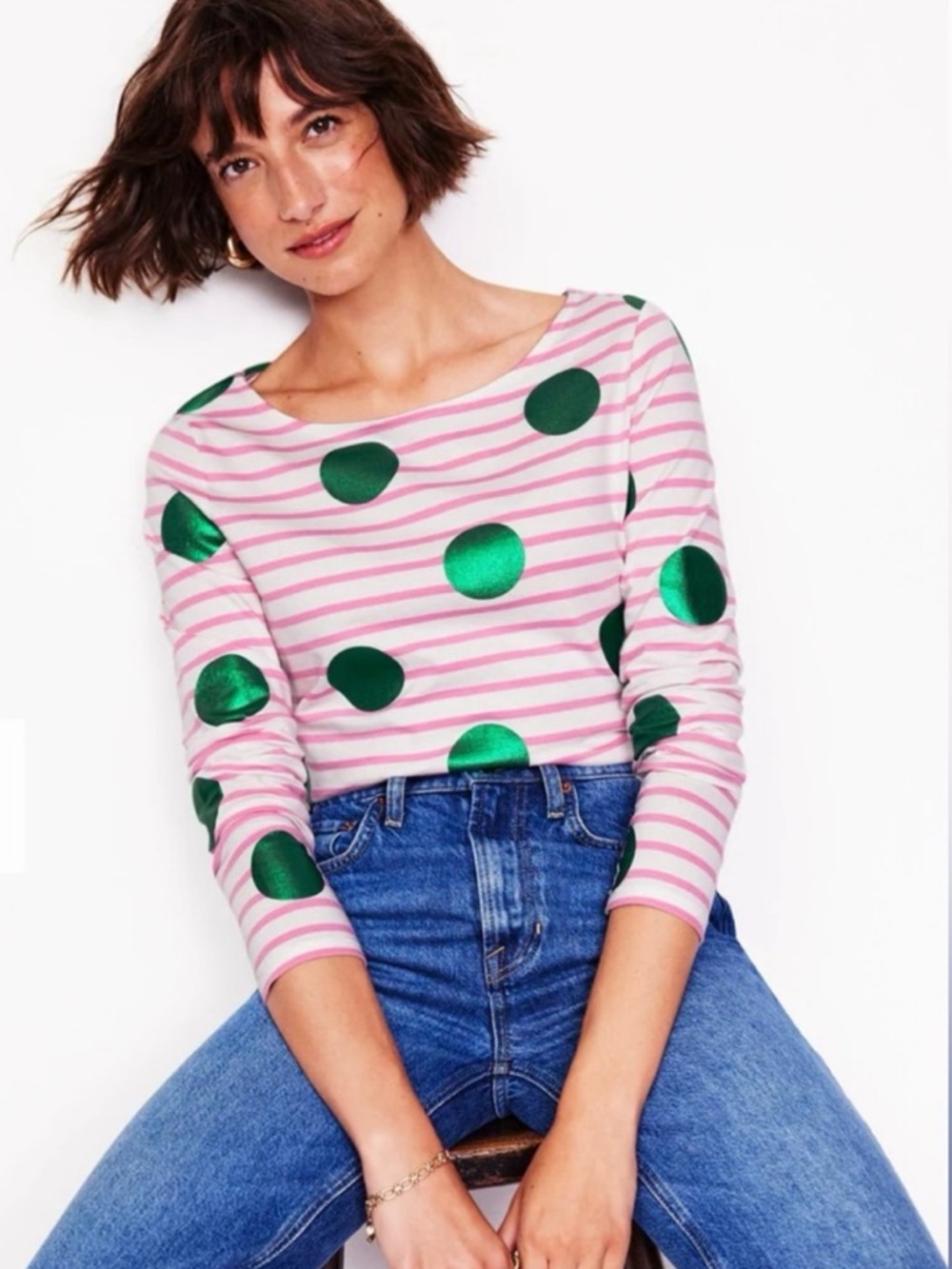Boden Ella Long Sleeve Breton Top Stripes Polka Dot Metallic Top Size 10